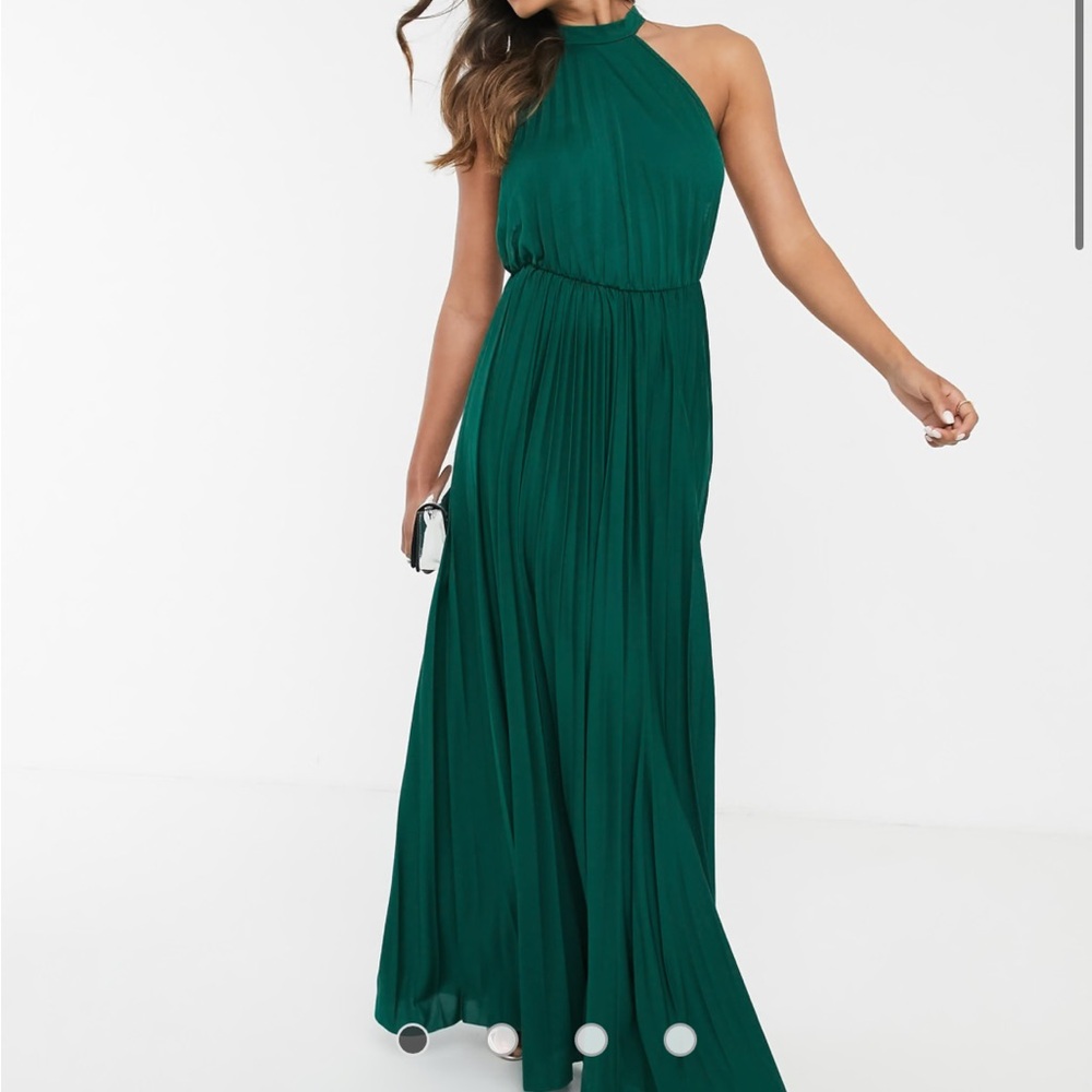halter pleated waist maxi dress in forest green
